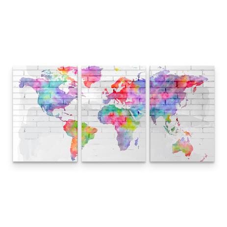 Quadro Mapa Mundi Colorido Aquarela Para Sala Quarto 3 Telas - Bimper Menor preço em Quadro Mapa Mundi Colorido Aquarela Para Sala Quarto 3 Telas - Bimper