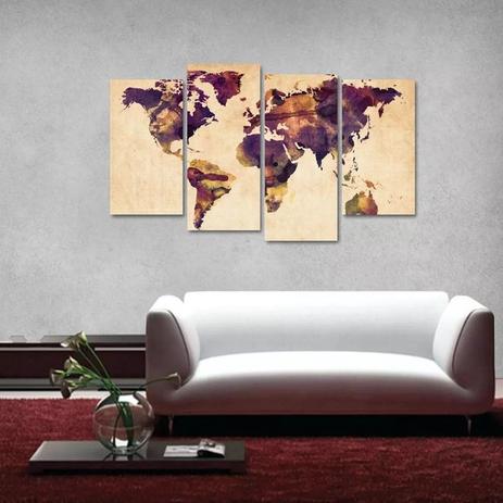 quadros mapa mundi Quadro Mapa Mundi Colorido Vintage Em Tecido 4 Peças 1   Wall 