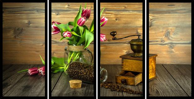 Quadro Mosaico 4 Partes Reto Flor e Grãos de Café Art E Cia - Preto Menor preço em Quadro Mosaico 4 Partes Reto Flor e Grãos de Café Art E Cia - Preto
