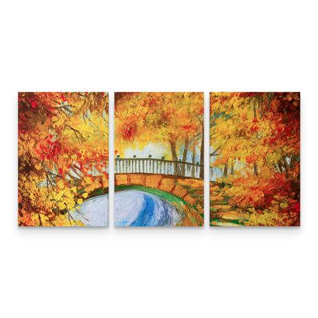 Quadro Paisagem Ponte Outono Estilo Leonid Afremov 3 Telas - Bimper Menor preço em Quadro Paisagem Ponte Outono Estilo Leonid Afremov 3 Telas - Bimper