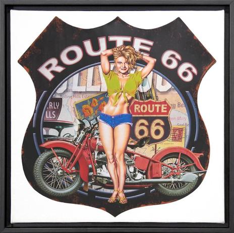 Quadro Pequeno Tela Canvas com Moldura Mulher Moto Route 66 - 25x25cm - Decore pronto Menor preço em Quadro Pequeno Tela Canvas com Moldura Mulher Moto Route 66 - 25x25cm - Decore pronto