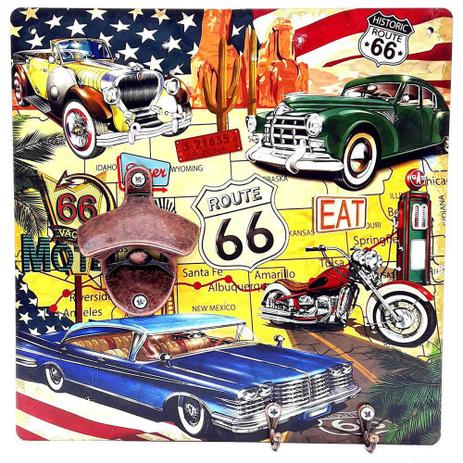 Quadro Retrô 50's c/Abridor de Garrafas Magnético e Ganchos Route 66 Retrô Rota 66 Carros - Joy Menor preço em Quadro Retrô 50's c/Abridor de Garrafas Magnético e Ganchos Route 66 Retrô Rota 66 Carros - Joy