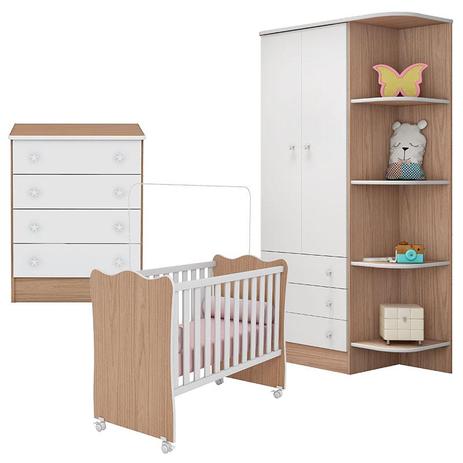 Quarto Bebê Doce Sonho 2 Portas Cantoneira Cômoda 103 e Berço Nacional 102 Branco Carvalho - Qmovi Menor preço em Quarto Bebê Doce Sonho 2 Portas Cantoneira Cômoda 103 e Berço Nacional 102 Branco Carvalho - Qmovi