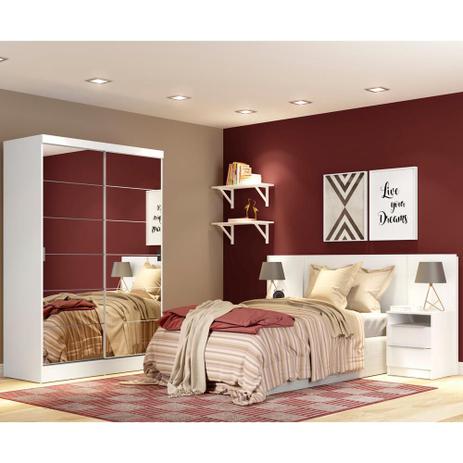 Quarto Completo com Guarda Roupa Luke e Cabeceira com 2 Mesas Laterais Madesa - Branco Menor preço em Quarto Completo com Guarda Roupa Luke e Cabeceira com 2 Mesas Laterais Madesa - Branco