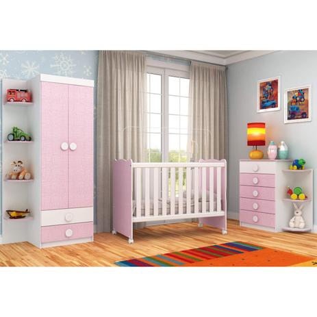 Quarto Completo Infantil com Guarda Roupas, Cômoda e Berço Rodial Moveis Rodial Branco Rosa Menor preço em Quarto Completo Infantil com Guarda Roupas, Cômoda e Berço Rodial Moveis Rodial Branco Rosa