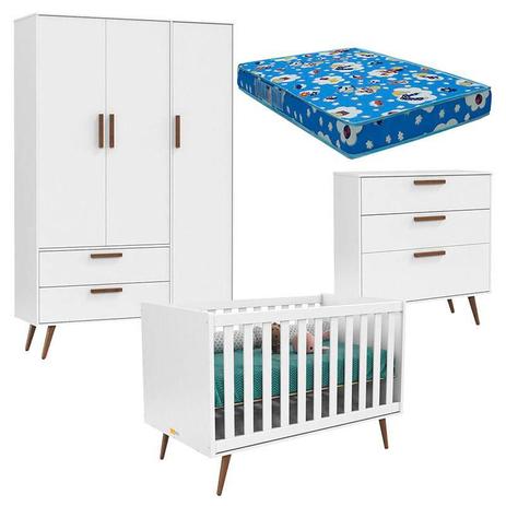 Quarto de Bebê 3 Portas com Cômoda Gaveteiro Retro Branco Acetinado Eco Wood Colchão Ortobom 130x70 - Matic - Matic moveis Menor preço em Quarto de Bebê 3 Portas com Cômoda Gaveteiro Retro Branco Acetinado Eco Wood Colchão Ortobom 130x70 - Matic - Matic moveis