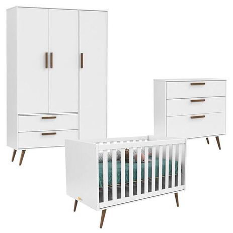Quarto de Bebê 3 Portas com Cômoda Gaveteiro Retro Branco Acetinado Eco Wood - Matic - Matic Moveis Menor preço em Quarto de Bebê 3 Portas com Cômoda Gaveteiro Retro Branco Acetinado Eco Wood - Matic - Matic Moveis