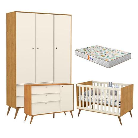 Quarto de Bebê 3 Portas Retro Gold Freijó Off White Eco Wood com Colchão Gazin Matic - Matic Moveis Menor preço em Quarto de Bebê 3 Portas Retro Gold Freijó Off White Eco Wood com Colchão Gazin Matic - Matic Moveis