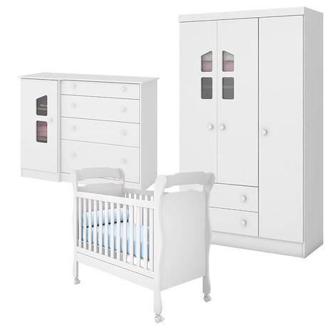 Quarto de Bebê Amore 3 Portas Cômoda com Porta e Berço Americano Colonial 250 Branco Brilho - Qmovi Menor preço em Quarto de Bebê Amore 3 Portas Cômoda com Porta e Berço Americano Colonial 250 Branco Brilho - Qmovi