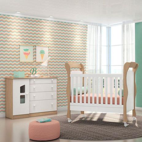 Quarto de Bebê Cômoda Amore 1 Porta e Berço Colonial Carvalho/Branco - Qmovi Menor preço em Quarto de Bebê Cômoda Amore 1 Porta e Berço Colonial Carvalho/Branco - Qmovi