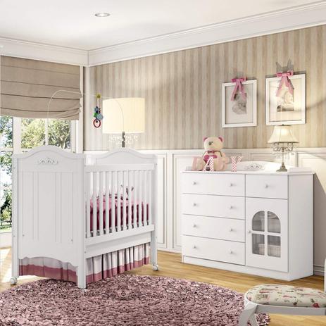 Quarto de Bebê Completo com Cômoda 5 Gavetas e Berço Mini Cama Provençal Henn Branco Menor preço em Quarto de Bebê Completo com Cômoda 5 Gavetas e Berço Mini Cama Provençal Henn Branco