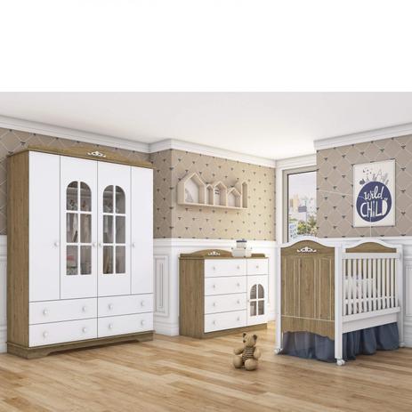 Quarto de Bebê Completo com Guarda Roupa 4 Portas e 3 Gavetas, Cômoda e Berço Mini Cama Provençal Henn Branco/Rústico Menor preço em Quarto de Bebê Completo com Guarda Roupa 4 Portas e 3 Gavetas, Cômoda e Berço Mini Cama Provençal Henn Branco/Rústico