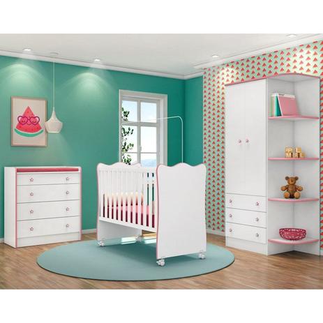 Menor preço em Quarto de Bebê Completo Doce Sonho 2 Portas e Berço Simples Branco/Rosa - Qmovi