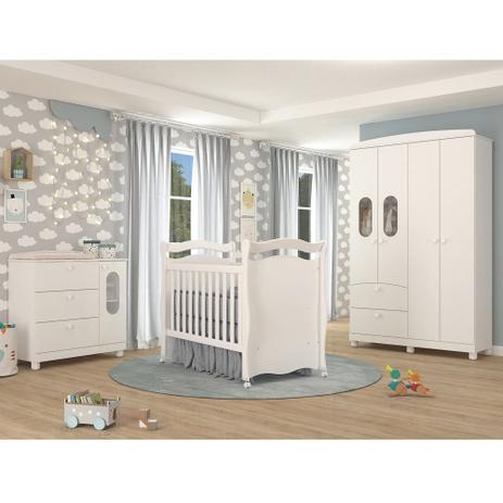 Quarto de Bebê Decorado com Guarda Roupa 4 Portas, Cômoda Infantil 3 Gavetas Fofura e Berço Cama Sonho Permobili Branco - Permobili moveis Menor preço em Quarto de Bebê Decorado com Guarda Roupa 4 Portas, Cômoda Infantil 3 Gavetas Fofura e Berço Cama Sonho Permobili Branco - Permobili moveis