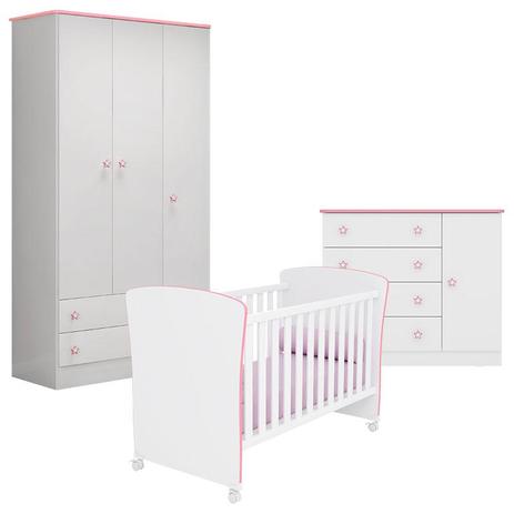Quarto de Bebê Doce Sonho 2617 com Cômoda 2561 e Berço Americano 2484 Branco Rosa Brilho Qmovi Menor preço em Quarto de Bebê Doce Sonho 2617 com Cômoda 2561 e Berço Americano 2484 Branco Rosa Brilho Qmovi