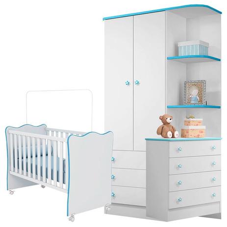 Quarto de Bebê Doce Sonho Simples com Cantoneira Branca/Azul - Qmovi Menor preço em Quarto de Bebê Doce Sonho Simples com Cantoneira Branca/Azul - Qmovi