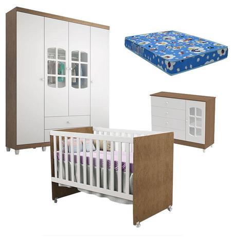 Quarto de Bebê Gabi 4 Portas Branco Acetinado Amadeirado com Colchão Phisical Carolina Móveis - Carolina baby Menor preço em Quarto de Bebê Gabi 4 Portas Branco Acetinado Amadeirado com Colchão Phisical Carolina Móveis - Carolina baby