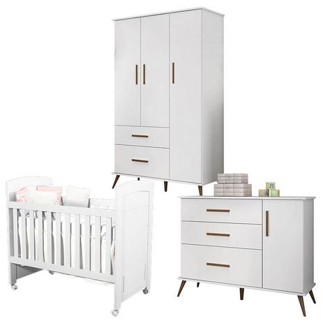 Quarto de Bebê Gabi Retro 3 Portas Cômoda com Porta e Berço Cléo Branco Acetinado - Phoenix - Phoenix baby Menor preço em Quarto de Bebê Gabi Retro 3 Portas Cômoda com Porta e Berço Cléo Branco Acetinado - Phoenix - Phoenix baby
