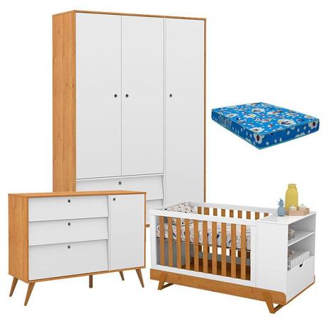 Quarto de Bebê Gold 3 Portas com Berço Multifuncional Bkids Freijó Branco Eco Wood e Colchão Matic - Matic Moveis Menor preço em Quarto de Bebê Gold 3 Portas com Berço Multifuncional Bkids Freijó Branco Eco Wood e Colchão Matic - Matic Moveis