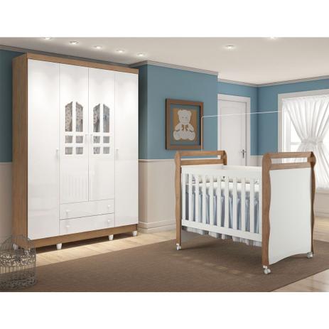 Quarto de Bebê Guarda Roupa 4 Portas Selena Lc e Berço Mini Cama Mirelle Carolina Baby Branco/Amadeirado Menor preço em Quarto de Bebê Guarda Roupa 4 Portas Selena Lc e Berço Mini Cama Mirelle Carolina Baby Branco/Amadeirado