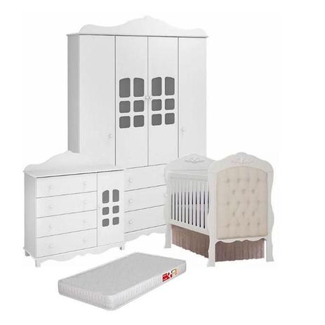 Quarto de Bebê Imperial 4 Portas com Berço Americano Realeza Branco Acetinado com Colchão - Canaã - Móveis Canaã Menor preço em Quarto de Bebê Imperial 4 Portas com Berço Americano Realeza Branco Acetinado com Colchão - Canaã - Móveis Canaã