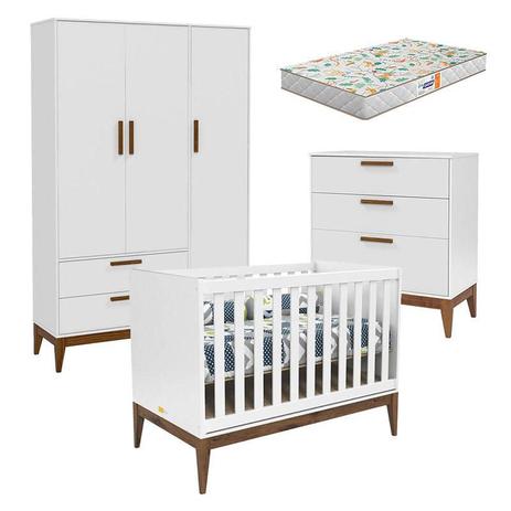 Quarto de Bebê Nature 3 Portas e Gaveteiro Branco Eco Wood com Colchão Gazin Matic - Matic Moveis Menor preço em Quarto de Bebê Nature 3 Portas e Gaveteiro Branco Eco Wood com Colchão Gazin Matic - Matic Moveis