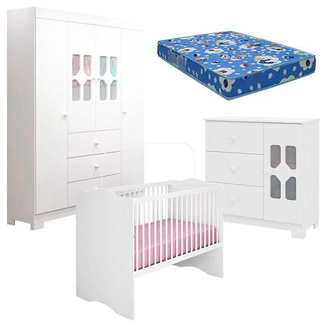 Quarto de Bebê New Cristal 4 Portas Berço Alegria Branco Brilho com Colchão Ortobom 130x70 cm Canaã - Canaa Baby Menor preço em Quarto de Bebê New Cristal 4 Portas Berço Alegria Branco Brilho com Colchão Ortobom 130x70 cm Canaã - Canaa Baby