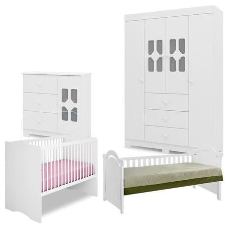 Quarto de Bebê New Cristal 4 Portas com Berço Americano Alegria e Cama Babá Carisma Branco Brilho - Canaã - Canaa Baby Menor preço em Quarto de Bebê New Cristal 4 Portas com Berço Americano Alegria e Cama Babá Carisma Branco Brilho - Canaã - Canaa Baby