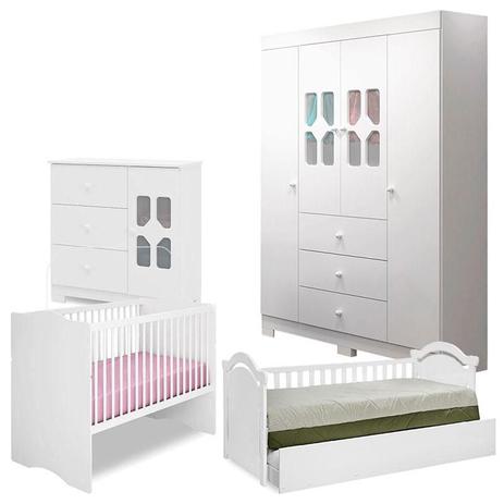 Quarto de Bebê New Cristal 4 Portas com Berço Americano Alegria e Cama Babá Carisma com Auxiliar Branco Brilho - Canaã - Canaa baby Menor preço em Quarto de Bebê New Cristal 4 Portas com Berço Americano Alegria e Cama Babá Carisma com Auxiliar Branco Brilho - Canaã - Canaa baby