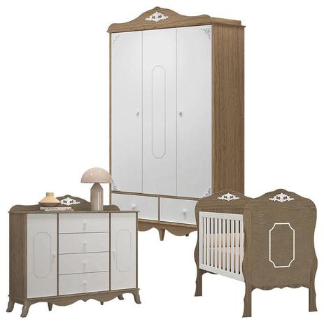 Quarto de Bebê Realeza 3 Portas com Cômoda 2 Portas Branco Acetinado Wengue Canaã - Canaa Baby Menor preço em Quarto de Bebê Realeza 3 Portas com Cômoda 2 Portas Branco Acetinado Wengue Canaã - Canaa Baby