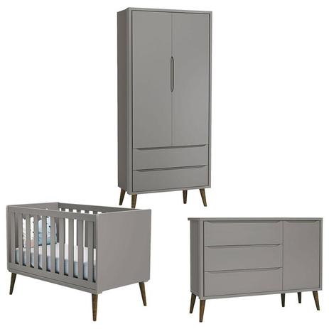 Quarto de Bebê Theo 2 Portas com Cômoda com Porta Cinza com Pés Amadeirado - Reller Menor preço em Quarto de Bebê Theo 2 Portas com Cômoda com Porta Cinza com Pés Amadeirado - Reller