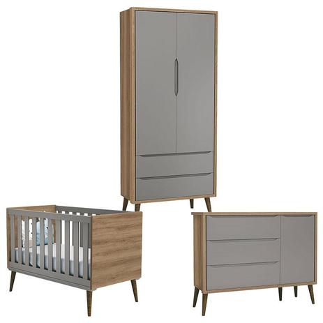 Quarto de Bebê Theo 2 Portas com Cômoda com Porta Cinza Mezzo com Pés Amadeirado - Reller Menor preço em Quarto de Bebê Theo 2 Portas com Cômoda com Porta Cinza Mezzo com Pés Amadeirado - Reller