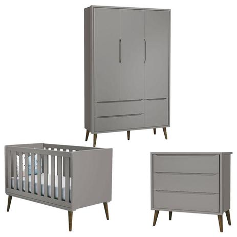 Quarto de Bebê Theo 3 Portas Cinza com Pés Amadeirado - Reller Menor preço em Quarto de Bebê Theo 3 Portas Cinza com Pés Amadeirado - Reller