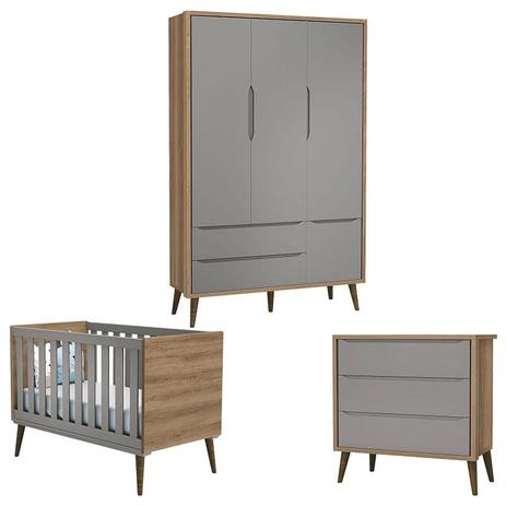 Quarto de Bebê Theo 3 Portas Cinza Mezzo com Pés Amadeirado - Reller Menor preço em Quarto de Bebê Theo 3 Portas Cinza Mezzo com Pés Amadeirado - Reller
