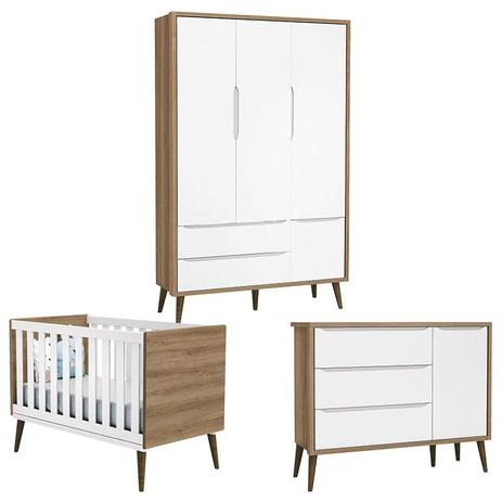 Quarto de Bebê Theo 3 Portas com Cômoda com Porta Branco Acetinado Mezzo Castani com Pés Amadeirado - Reller Menor preço em Quarto de Bebê Theo 3 Portas com Cômoda com Porta Branco Acetinado Mezzo Castani com Pés Amadeirado - Reller