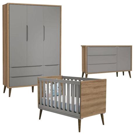 Quarto de Bebê Theo 3 Portas com Cômoda com Porta Cinza Mezzo com Pés Amadeirado - Reller Menor preço em Quarto de Bebê Theo 3 Portas com Cômoda com Porta Cinza Mezzo com Pés Amadeirado - Reller