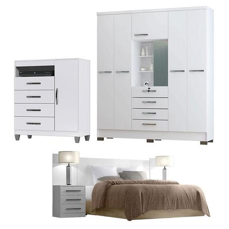 Quarto de Casal Córdoba com Cabeceira Uruguai e Cômoda Sapateira Cannes Branco Incorplac Menor preço em Quarto de Casal Córdoba com Cabeceira Uruguai e Cômoda Sapateira Cannes Branco Incorplac