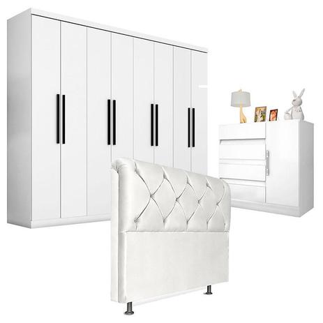 Menor preço em Quarto de Casal Guarda Roupa 1684 e Cômoda Exellence 8000 com Cabeceira Daiana 140 cm Branco - Araplac