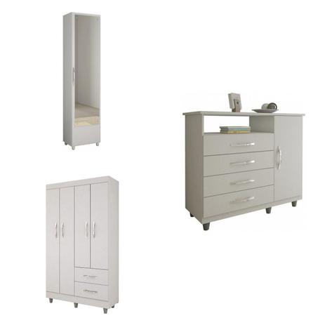 Quarto de Solteiro com Sapateira, Cômoda e Guarda Roupa 4 Portas Dina Espresso Móveis Branco Menor preço em Quarto de Solteiro com Sapateira, Cômoda e Guarda Roupa 4 Portas Dina Espresso Móveis Branco