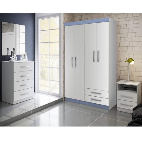 Quarto de Solteiro Completo com Guarda Roupa 4 Portas Flex, Cômoda e Criado Mudo Genialflex Branco/Azul Menor preço em Quarto de Solteiro Completo com Guarda Roupa 4 Portas Flex, Cômoda e Criado Mudo Genialflex Branco/Azul