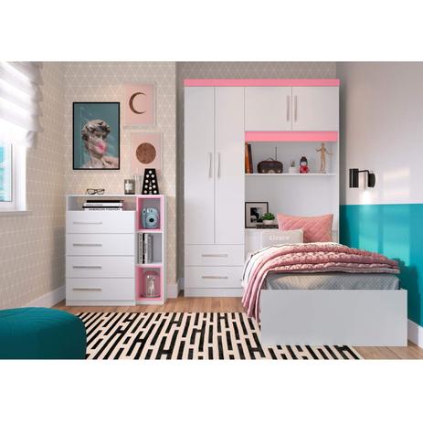 Quarto de Solteiro Completo com Guarda Roupa com Cama e Cômoda Grace Siena Móveis Branco / Rosa - da73fe973a Quarto de Solteiro Completo com Guarda Roupa com Cama e Cômoda Grace Siena Móveis Branco / Rosa - da73fe973a
