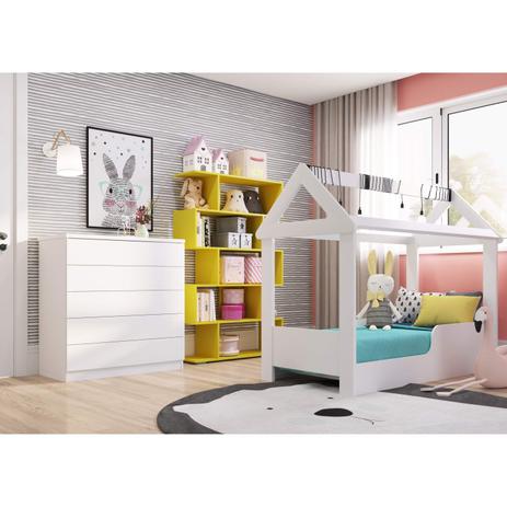 Quarto Infantil com Cama Montessoriana, Cômoda 5 Gavetas e Estante Nina Espresso Móveis Branco/Amarelo Menor preço em Quarto Infantil com Cama Montessoriana, Cômoda 5 Gavetas e Estante Nina Espresso Móveis Branco/Amarelo