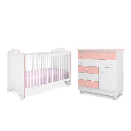 Quarto Infantil com Cômoda Adhara e Berço Ternura Branco Rosa - Peternella Menor preço em Quarto Infantil com Cômoda Adhara e Berço Ternura Branco Rosa - Peternella