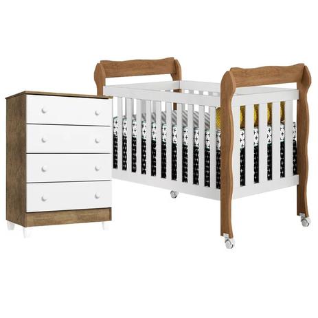 Quarto Infantil com Cômoda Ariel Gav e Berço Mini Cama Lila Branco Fosco/Amadeirado Carolina Móveis - Carolina moveis Menor preço em Quarto Infantil com Cômoda Ariel Gav e Berço Mini Cama Lila Branco Fosco/Amadeirado Carolina Móveis - Carolina moveis