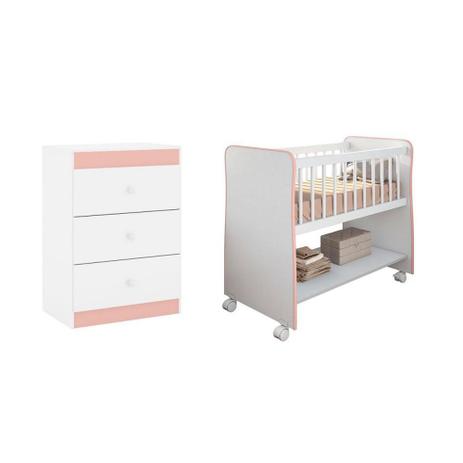 Quarto Infantil com Cômoda Infantil Ternura e Berço Rubi Branco Rosa - Peternella Menor preço em Quarto Infantil com Cômoda Infantil Ternura e Berço Rubi Branco Rosa - Peternella
