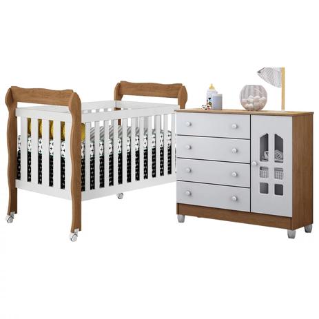 Quarto Infantil com Cômoda Selena e Berço Mini Cama Lila Branco Fosco/Amadeirado - Carolina Móveis - Carolina moveis é ruim? Quarto Infantil com Cômoda Selena e Berço Mini Cama Lila Branco Fosco/Amadeirado - Carolina Móveis - Carolina moveis é boa?