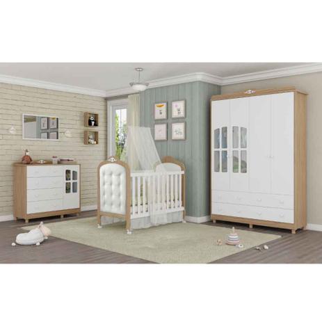 Quarto Infantil Guarda Roupa 4 portas com 1 Gaveta e Berço Minicama Retrô  Móveis Móveis Peroba Branco/Carvalho - ebbamoveis