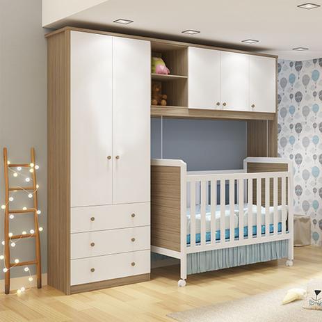 Quarto Infantil com Guarda Roupa Conjugado e Berço Mini Cama Cloe Móveis Peroba Branco/Carvalho - MOVEIS PEROBA Menor preço em Quarto Infantil com Guarda Roupa Conjugado e Berço Mini Cama Cloe Móveis Peroba Branco/Carvalho - MOVEIS PEROBA