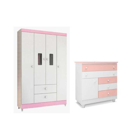 Quarto Infantil com Guarda Roupa Encanto e Cômoda Adhara Branco Rosa - Peternella Menor preço em Quarto Infantil com Guarda Roupa Encanto e Cômoda Adhara Branco Rosa - Peternella