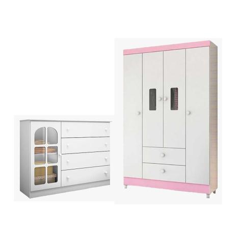 Quarto Infantil com Guarda Roupa Encanto e Cômoda Pérola Branco Rosa - Peternella Menor preço em Quarto Infantil com Guarda Roupa Encanto e Cômoda Pérola Branco Rosa - Peternella